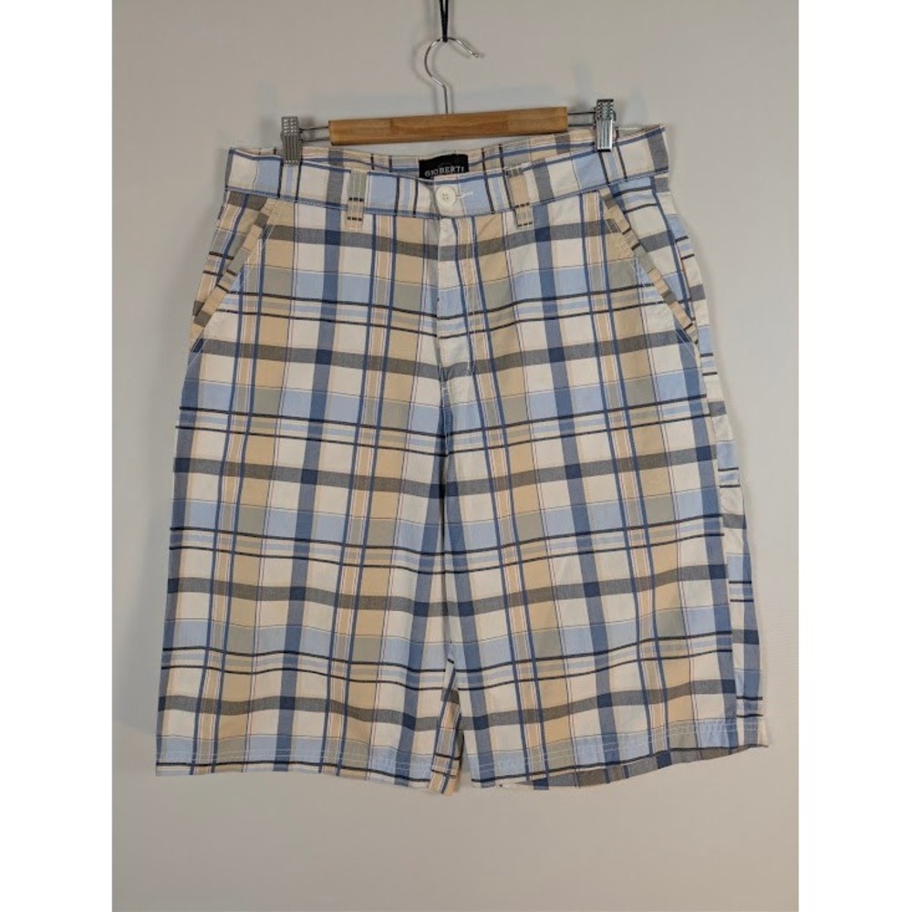 Vintage Gioberti Plaid Shorts Men 34 Blue Tan High Rise Long Leg Preppy Chino